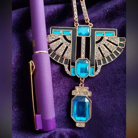 Boho Chic Blue Simulated Gemstones with Rhinestone Accents, Goldtone Necklace - Picture 7 of 7